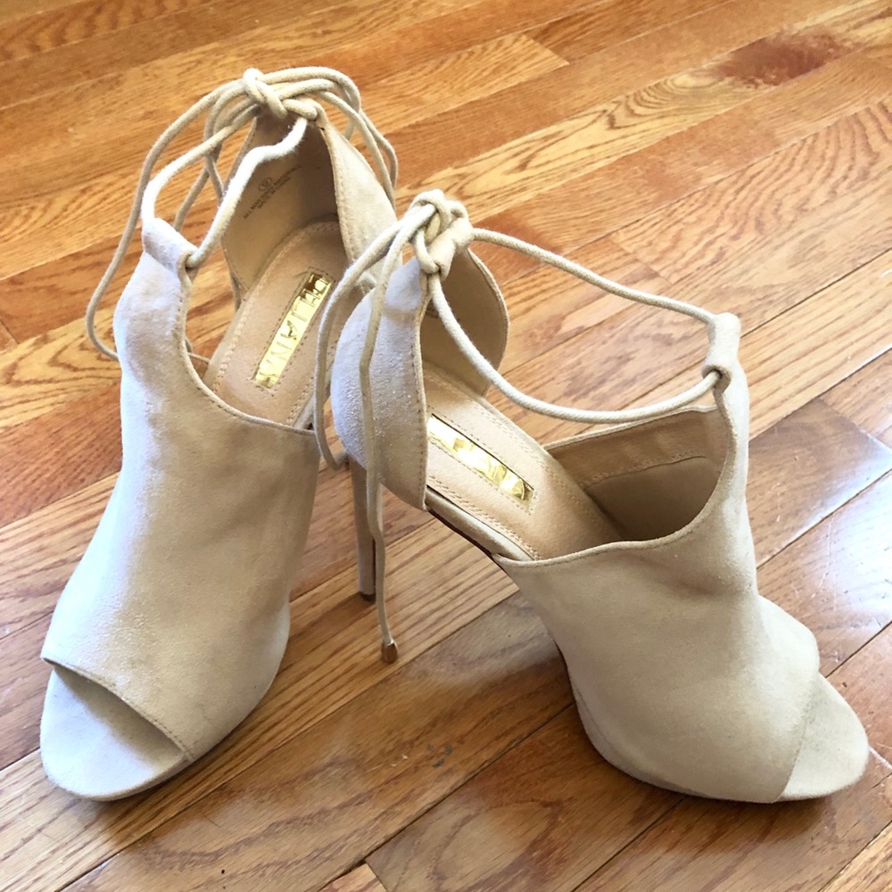 Suede Nude Peep Toe Pumps with Ankle Tie